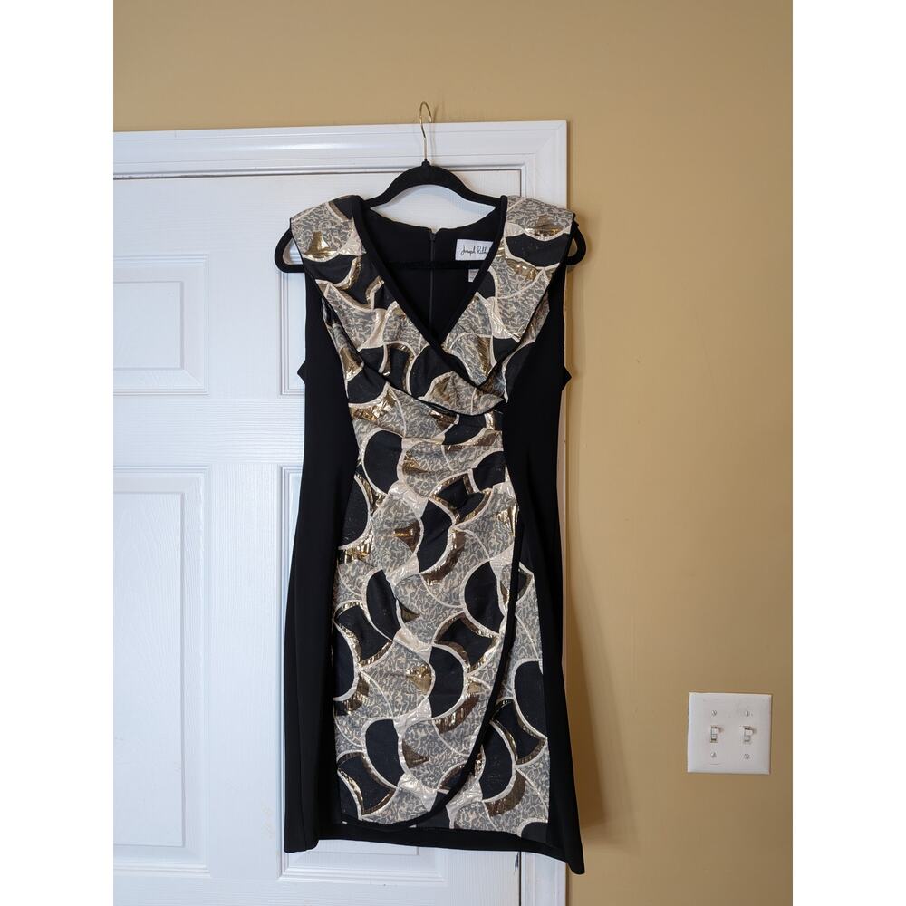 Joseph Ribkoff Abstract Sheath Dress Size 12 Black Gold Vintage Cocktail Dress